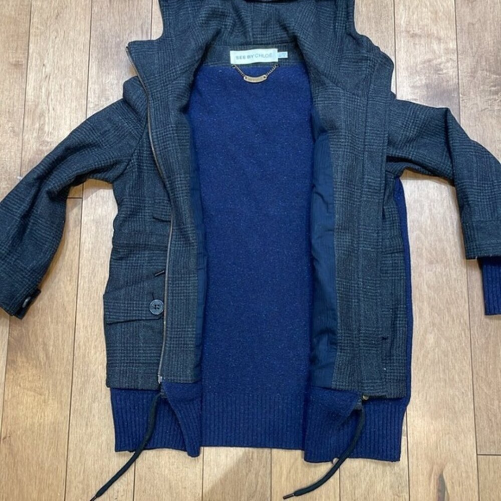 See By Chloe Utility Blazer Jacket Check Hood Knit Wool Varsity Black Navy 4 - Picture 11 of 14